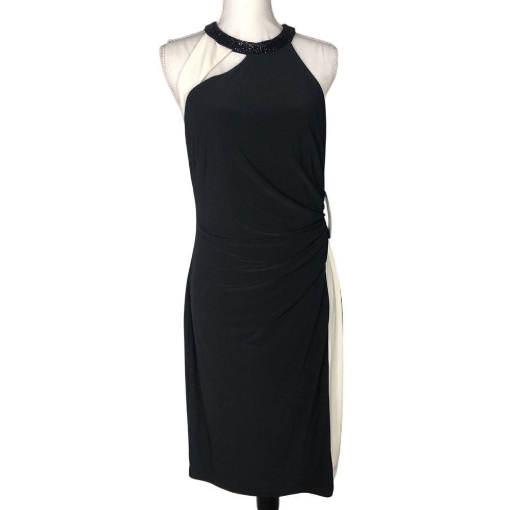 LAUREN RALPH LAUREN Midi Dress Black Ivory Ruched Waist Womens Size 12